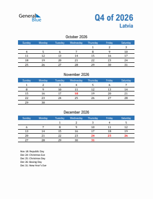 Latvia Quarter 4  2026 calendar template