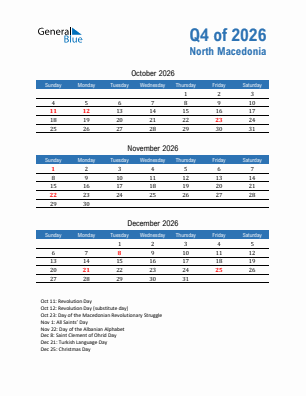 North Macedonia Quarter 4  2026 calendar template