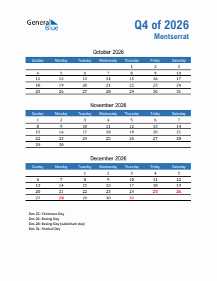 Montserrat Quarter 4  2026 calendar template
