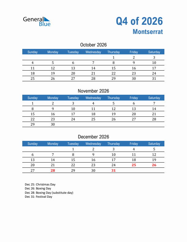 Montserrat Q4 2026 Quarterly Calendar with Sunday Start