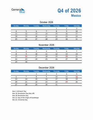 Mexico Quarter 4  2026 calendar template