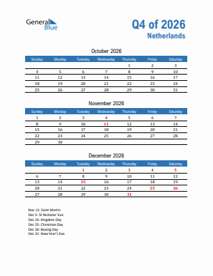 The Netherlands Quarter 4  2026 calendar template
