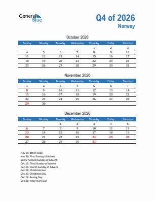 Norway Quarter 4  2026 calendar template