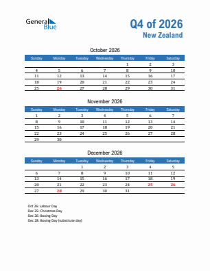 New Zealand Quarter 4  2026 calendar template