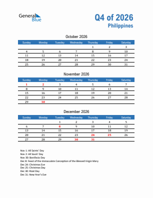 Philippines Quarter 4  2026 calendar template
