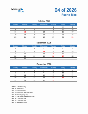 Puerto Rico Quarter 4  2026 calendar template