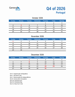 Portugal Quarter 4  2026 calendar template