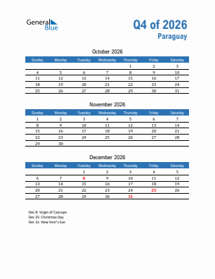 Paraguay Quarter 4  2026 calendar template