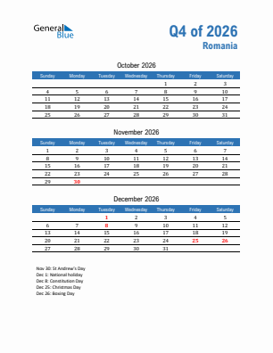 Romania Quarter 4  2026 calendar template