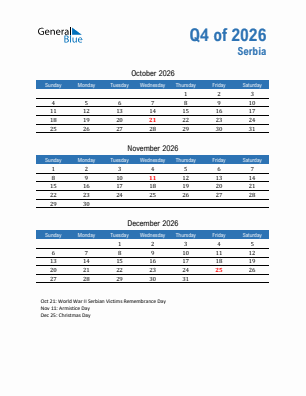 Serbia Quarter 4  2026 calendar template