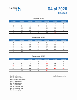 Sweden Quarter 4  2026 calendar template