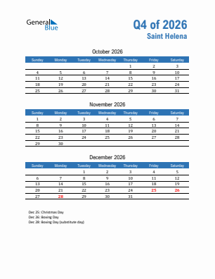 Saint Helena Quarter 4  2026 calendar template