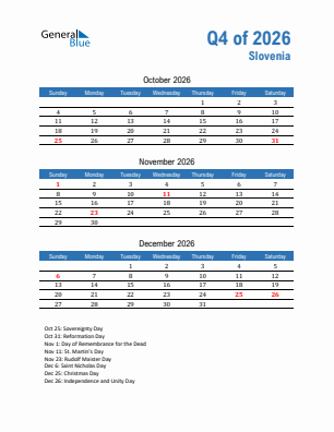 Slovenia Quarter 4  2026 calendar template