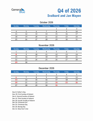 Svalbard and Jan Mayen Quarter 4  2026 calendar template