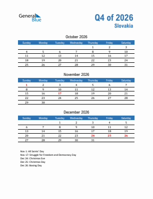 Slovakia Quarter 4  2026 calendar template