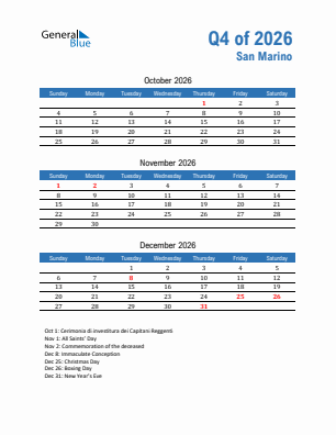 San Marino Quarter 4  2026 calendar template