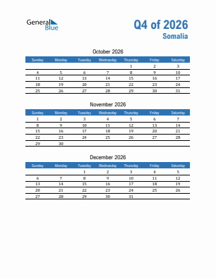 Somalia Quarter 4  2026 calendar template
