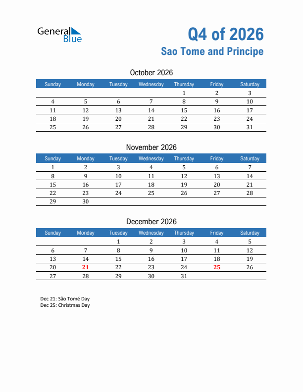 Sao Tome and Principe Q4 2026 Quarterly Calendar with Sunday Start