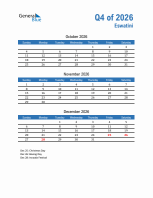 Eswatini Quarter 4  2026 calendar template