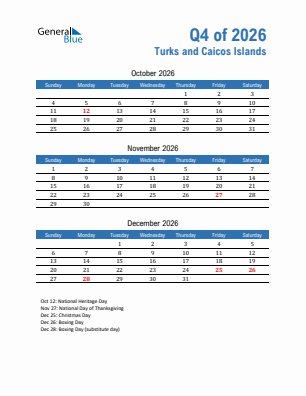 Turks and Caicos Islands Quarter 4  2026 calendar template