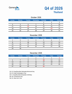 Thailand Quarter 4  2026 calendar template