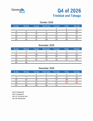 Trinidad and Tobago Quarter 4  2026 calendar template