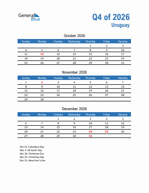 Uruguay Quarter 4  2026 calendar template