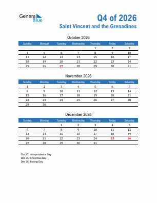 Saint Vincent and the Grenadines Quarter 4  2026 calendar template
