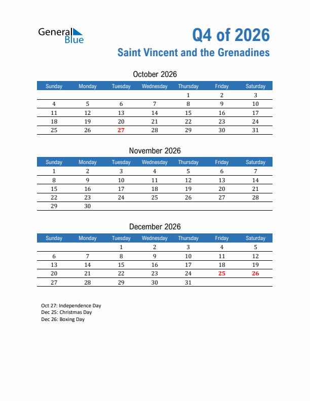 Saint Vincent and the Grenadines Q4 2026 Quarterly Calendar with Sunday Start