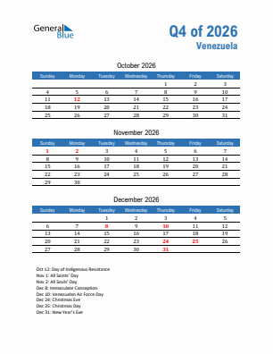 Venezuela Quarter 4  2026 calendar template