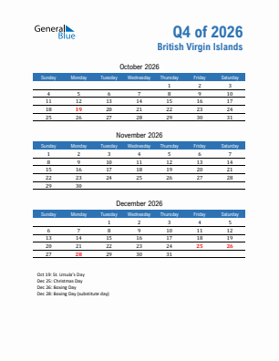 British Virgin Islands Quarter 4  2026 calendar template
