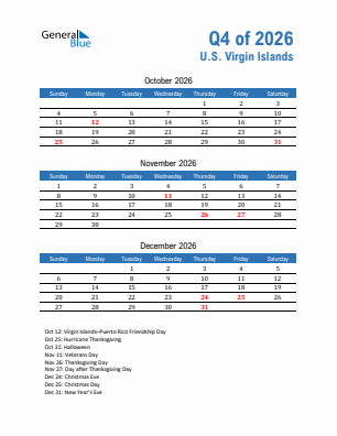U.S. Virgin Islands Quarter 4  2026 calendar template