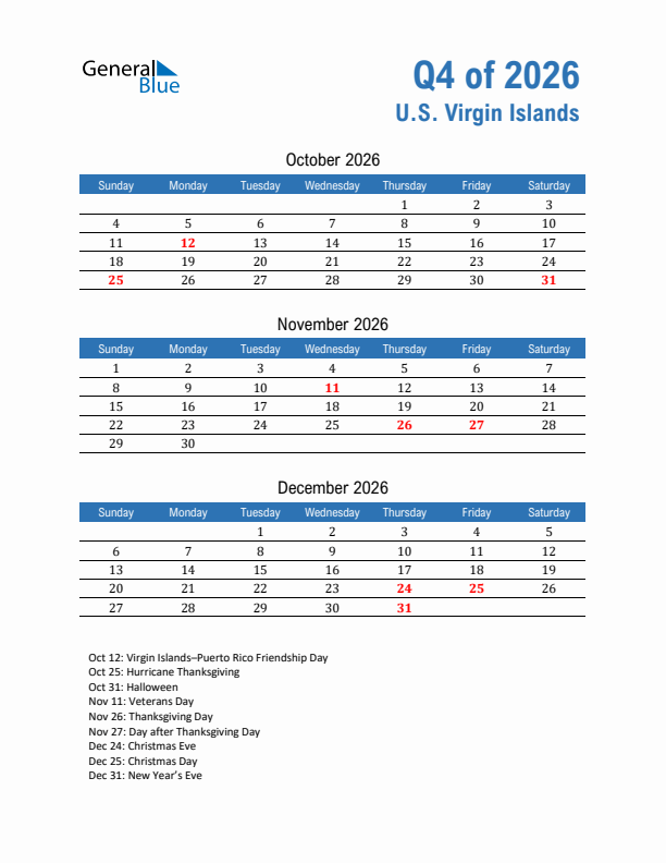 U.S. Virgin Islands Q4 2026 Quarterly Calendar with Sunday Start