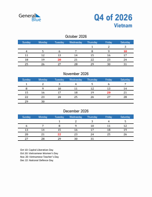 Vietnam Quarter 4  2026 calendar template