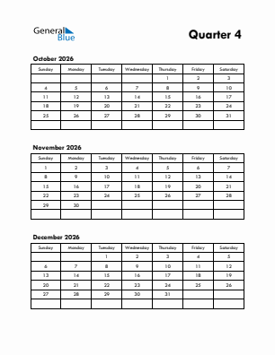 Quarter 4  2026 calendar template