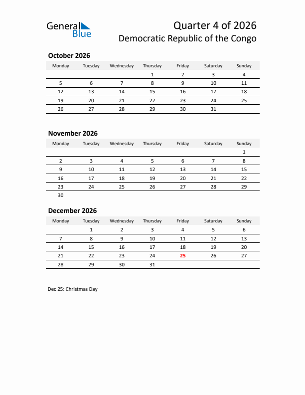 2026 Q4 Three-Month Calendar for Democratic Republic of the Congo