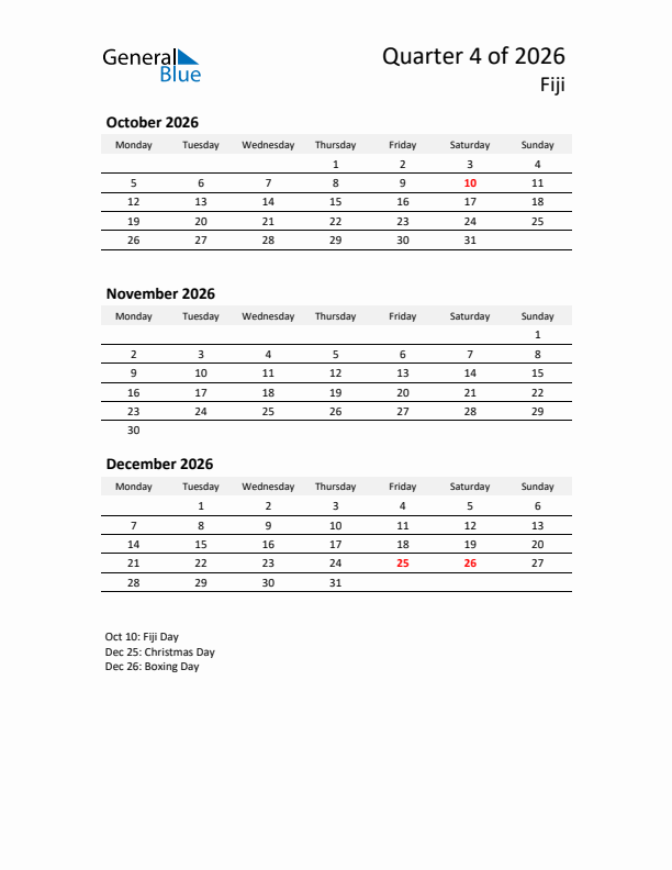 2026 Q4 Three-Month Calendar for Fiji