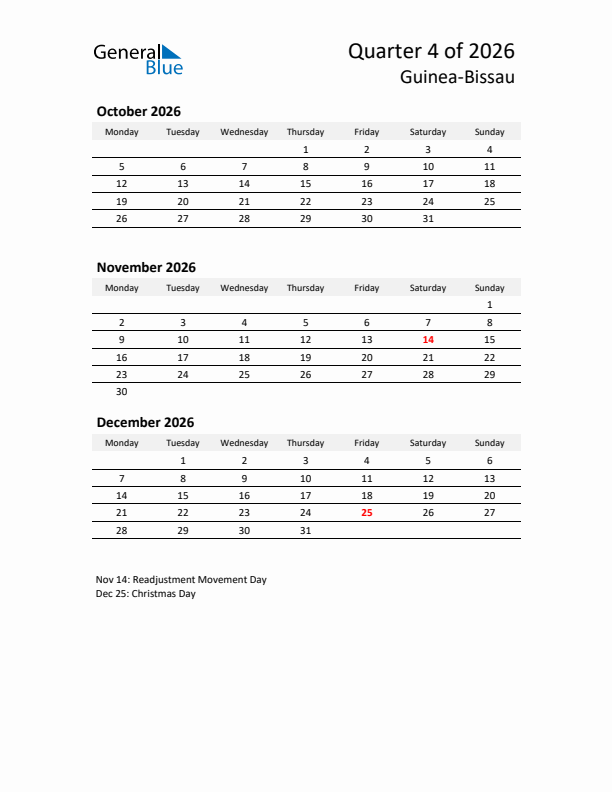 2026 Q4 Three-Month Calendar for Guinea-Bissau