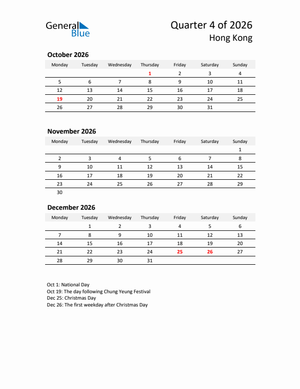 2026 Q4 Three-Month Calendar for Hong Kong