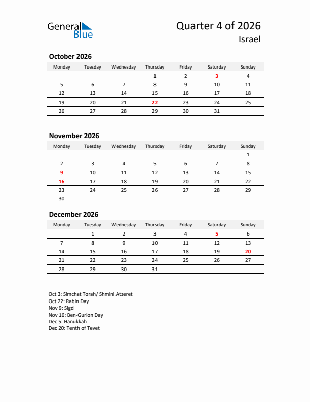 2026 Q4 Three-Month Calendar for Israel