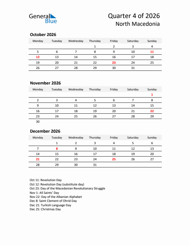 2026 Q4 Three-Month Calendar for North Macedonia