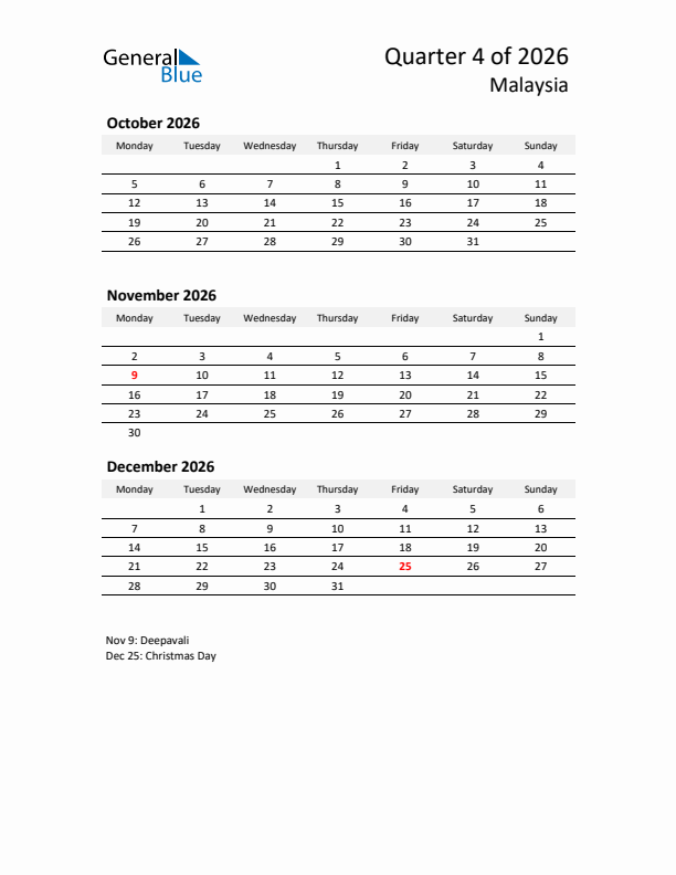 2026 Q4 Three-Month Calendar for Malaysia