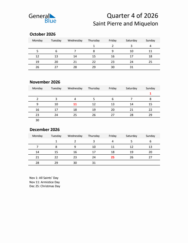2026 Q4 Three-Month Calendar for Saint Pierre and Miquelon