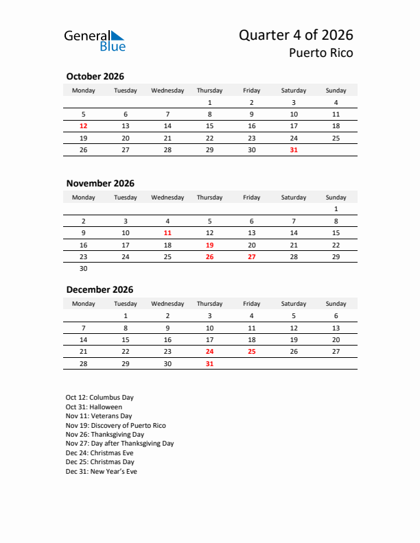 2026 Q4 Three-Month Calendar for Puerto Rico