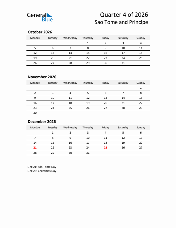 2026 Q4 Three-Month Calendar for Sao Tome and Principe