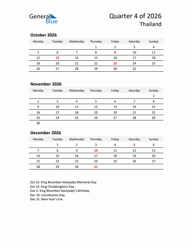 2026 Q4 Three-Month Calendar for Thailand