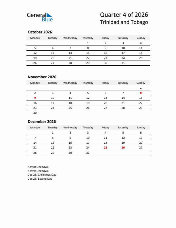 2026 Q4 Three-Month Calendar for Trinidad and Tobago