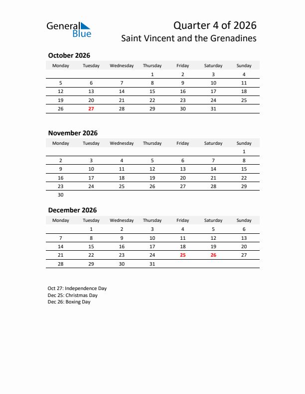 2026 Q4 Three-Month Calendar for Saint Vincent and the Grenadines
