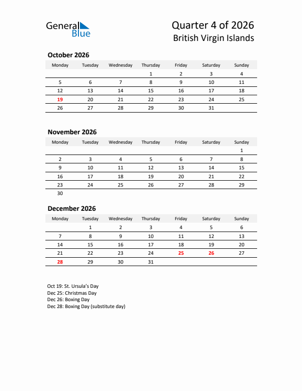 2026 Q4 Three-Month Calendar for British Virgin Islands
