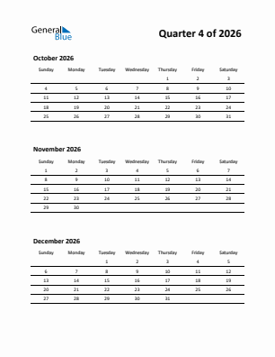 Quarter 4  2026 calendar template